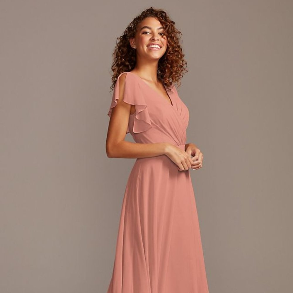 David's Bridal Desert Coral Flutter Sleeve Full Skirt Bridesmaid Dress
